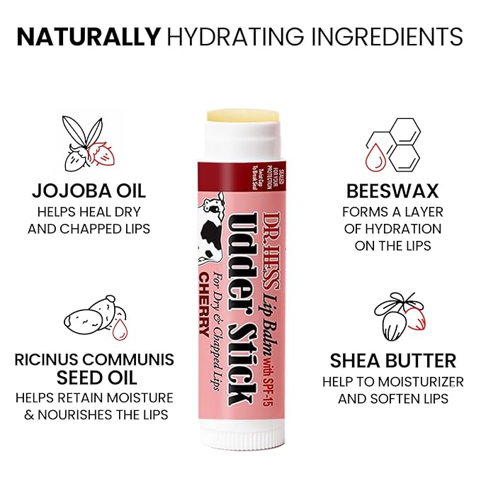 Original Udder Stick SPF Lip Balm, Soothing Moisturizer Sun Screen Balm for Dry Lips with Jojoba, Beeswax & Shea Butter, Total Lip Care, Hydration & Repair, Cherry Flavor, 4 Pack-Velvo Beauty