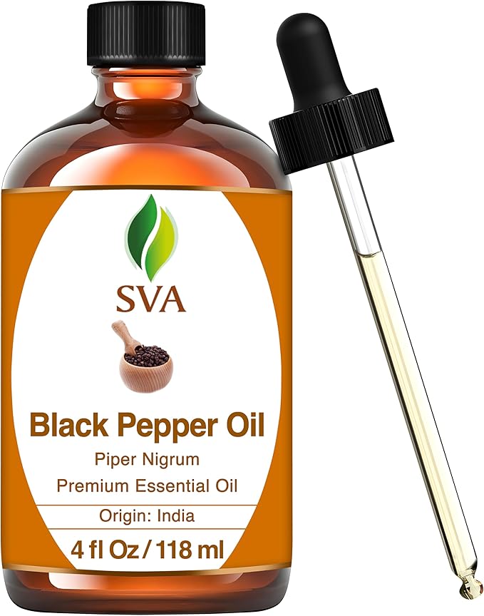 SVA Black Pepper Essential Oil – 4 Fl Oz – 100% Natural Black Pepper Oil - for Diffuser, Hair Care, Face, Skin Care, Aromatherapy, Scalp and Body Massage, Soap and Candle Making – with Dropper-Velvo Beauty