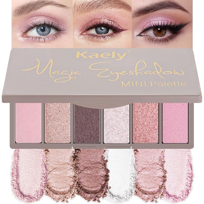 evpct 6 Colors Travel Eye Shadow Palette Makeup, Light Baby Pink Champagne Mink Mauve Pearl White Rose Shimmer Glitter Sparkly High Pigment Mini Eyeshadow Palette for Older Women, Built in Mirror-Velvo Beauty