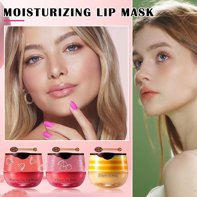 Honey Pot Lip Balm,3PCS Bee Lip Balm Honey Pot Cherry Watermelon Lip Scrub,Fade Lip Lines Prevention Dry and Cracked Lip Mask Overnight (Honey+Watermelon+Cherry)-Velvo Beauty