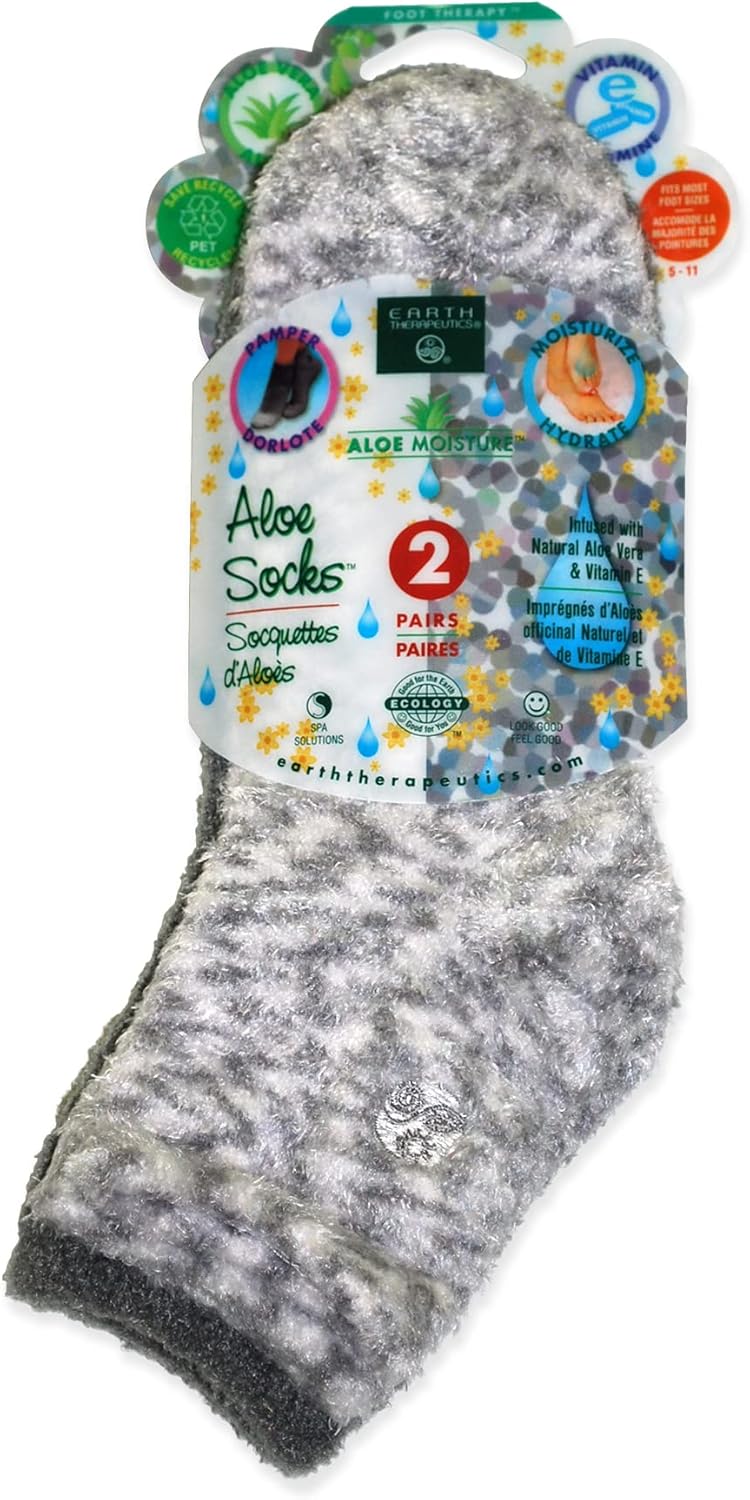 Earth Therapeutics Aloe Socks – Infused w/Aloe Vera & Vitamin E – Helps Dry Feet, Cracked Heels, Calluses – Use with Lotion – Grey/Confetti (2 Pairs)-Velvo Beauty