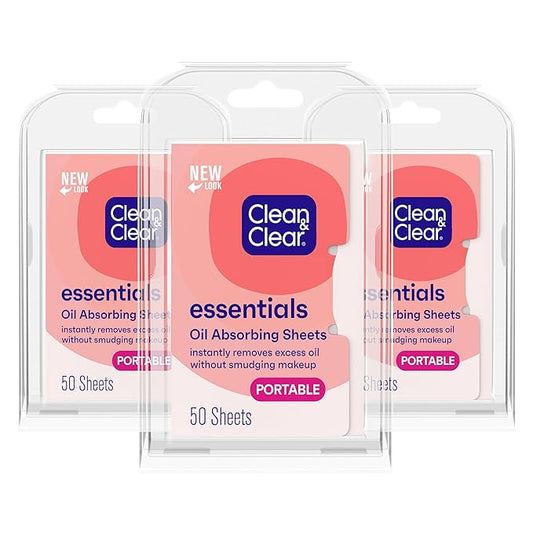 Clean & Clear Oil Absorbing Facial Sheets, Portable Blotting Papers for Face & Nose, Absorbing Blotting Sheets for Oily Skin to Instantly Remove Excess Oil & Shine, 3 x 50 ct-Velvo Beauty