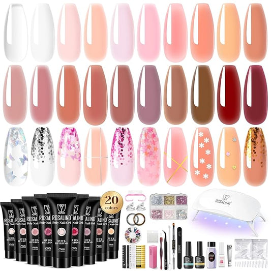 Poly Nail Gel Kit -20 Colors + 76 Nail Art Accessories ROSALIND Nude Clear Poly Nails Gel Kit Starter Kit with Slip Solution Nude Pink Nails Extensions with Mini UV Lamp-Velvo Beauty