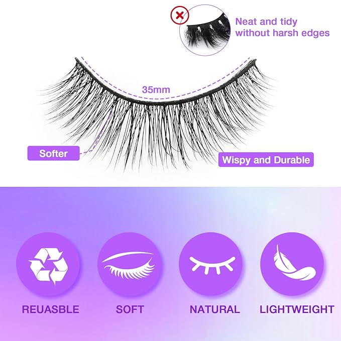 Wispy False Eyelashes Kit With Bond, Seal and Tweezer, 7 Pairs Natural Look Fake Cat Eye Lashes Strips Thin Band Extensions Waterproof Easy Eyelashes for Beginners RQ46-Velvo Beauty