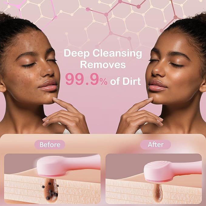 Facial Cleansing Brush Silicone Face Scrubber Waterproof Rechargeable Exfoliator Massage Device for Men & Women, Deep Pore Cleansing, Exfoliating, Removing Blackhead Electric Face Scrub Brush (Pink)-Velvo Beauty