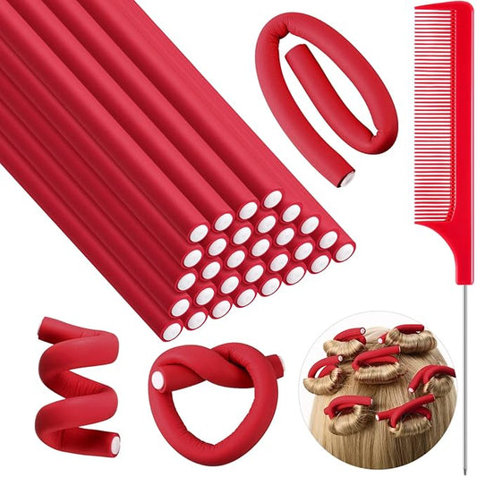 Syhood 30 Pcs 7'' Flexible Curling Rods Twist Foam Hair Rollers Soft Foam No Heat Hair Rods Rollers and 1 Steel Pintail Comb Rat Tail Comb for Women Long Short Hair(Red,7 x 0.3 Inch)-Velvo Beauty