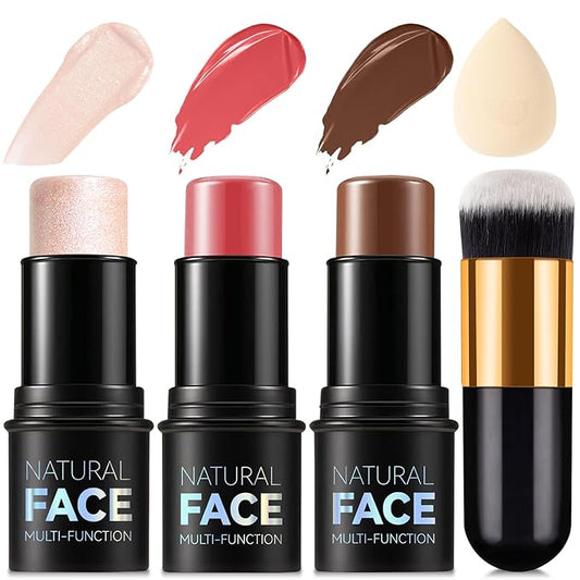 3 Pcs Contour Stick, Highlighter Stick, Blush Stick, Cream Contour Kit with Contour Brush, Create Face Contour, Non-greasy, Waterproof Long-lasting Effect for Women (2+5+6,LIGHT MEDIUM)-Velvo Beauty
