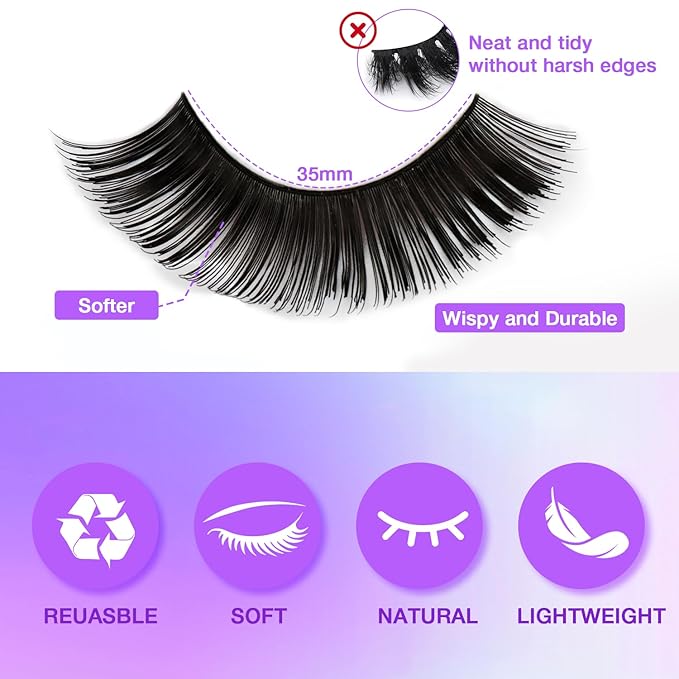 Wispy False Eyelashes Kit With Bond, Seal and Tweezer, 7 Pairs Natural Look Fake Cat Eye Lashes Strips Thin Band Extensions Waterproof Easy Eyelashes for Beginners RQ7Variety Mix-Velvo Beauty