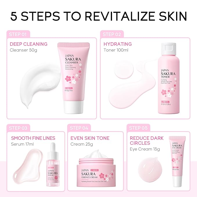 Skin Care Set JAPAN SAKURA Women Beauty Gift Sets Skin Care Kit with Cleanser, Toner, Serum, Eye Cream, Face Cream Travel Kit for Women Teen Girls Mom Daughter Birthday TSA-friendly Sizes 5pcs-Velvo Beauty