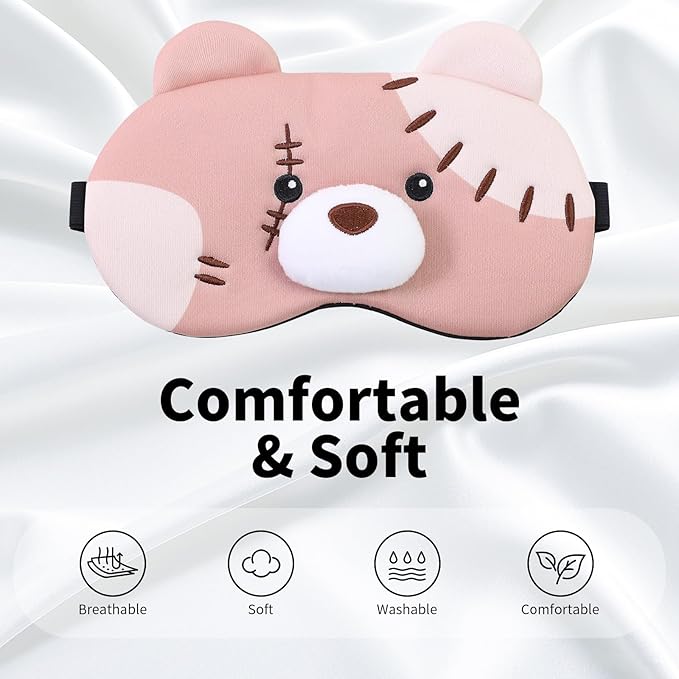 PERFECTSIGHT Sleep Eye Masks, Cute Plush Sleep Eye Cover Lightweight Adjustable Eyeshade Faux Fur Mask Cover for Women Men Kids Sleep Travel Nap, Big Eye Girl, Purple Nose, Brown Pudding Bear-Velvo Beauty