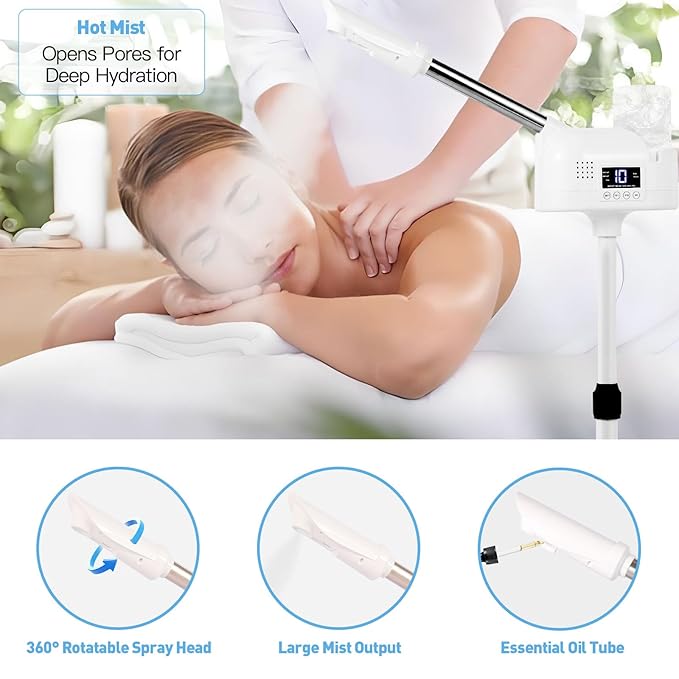 Professional Facial Steamer, Facial Steamer with Hot Mist and Timer Function for Deep Hydration, Height Adjustable Face Steamer on Wheels with Touch Screen and Rotatable Nozzle for Salon Spa Home Use-Velvo Beauty