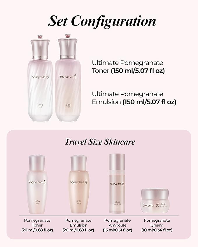 Sooryehan Ultimate Pomegranate (Skincare Set, 12.3fl oz) - Improved Skin Elasticity, Reduced Pores/Wrinkles & Gentle Exfoliation, Vitamin C, Adenosine & Niacinamide-Velvo Beauty