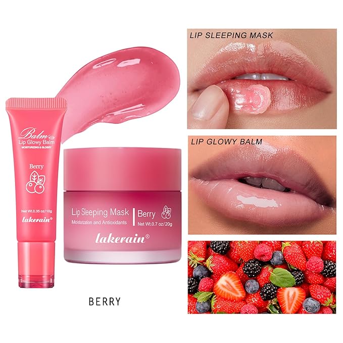 2Pcs Lip Glowy Balm and Lip Sleeping Mask Set, with 4 Flavor Options - Reduce Lip Lines, Enhance Lip Color, Hydrate & Plump Dry Chapped Lips Care (Berry)-Velvo Beauty