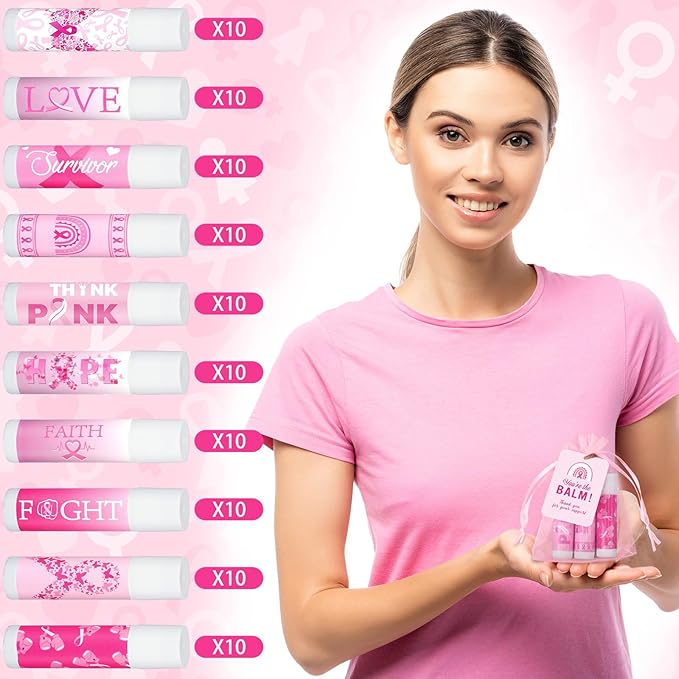 100 Set Pink Ribbon Breast Cancer Awareness Gifts Bulk, 100 Lip Balms, 100 Organza Gift Bags and 100 Tags Perfect for Charity Events, Survivors Awareness Campaigns-Velvo Beauty