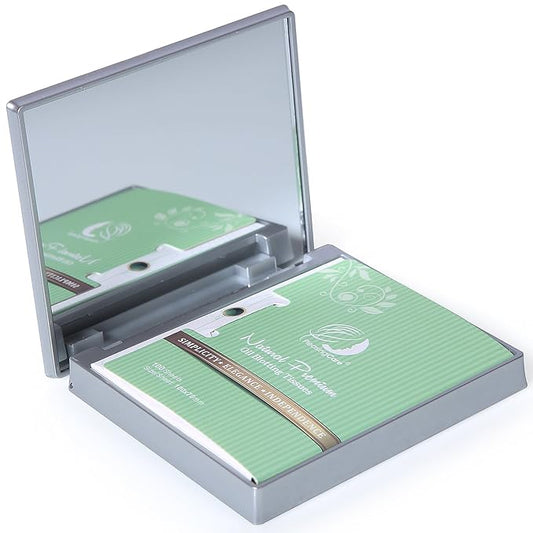 Makeup Mirror with Facial Oil Blotting Paper Sheets – Green Tea 100 Counts, Silver Compact Folding Cosmetic Travel Mirror-Velvo Beauty