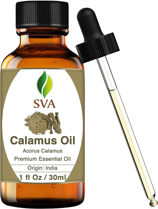 SVA Calamus Essential Oil – 1 Fl Oz – 100% Natural Calamus Oil - for Diffuser, Hair Care, Face, Skin Care, Aromatherapy, Scalp and Body Massage, Soap and Candle Making – with Dropper-Velvo Beauty