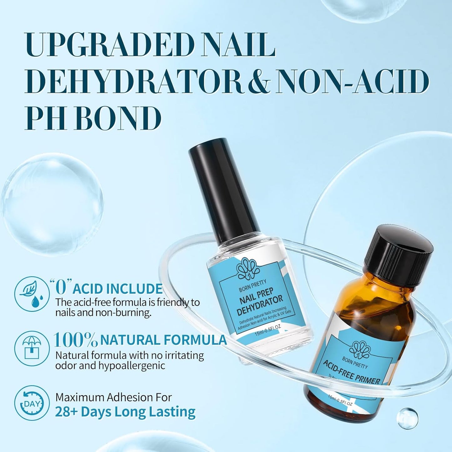 BORN PRETTY Natural Nail Prep Dehydrate and Bond Primer Acid-Free,15ml Dehydrator for Acrylic and Gel Nail Polish, Non Acid Primer for UV Gels Fast Dry Superior Bonding Agent Gift Box Set-Velvo Beauty