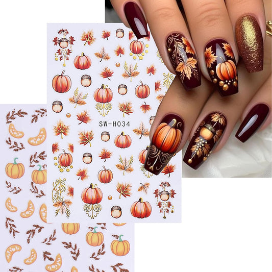 Fall Nail Stickers for Women and Girls Nail Decorations Nail Decals Autumn Maple Leaves Pumpkin Fruit Self-Adhesive Stickers 3D Nail Art Accessories-Velvo Beauty
