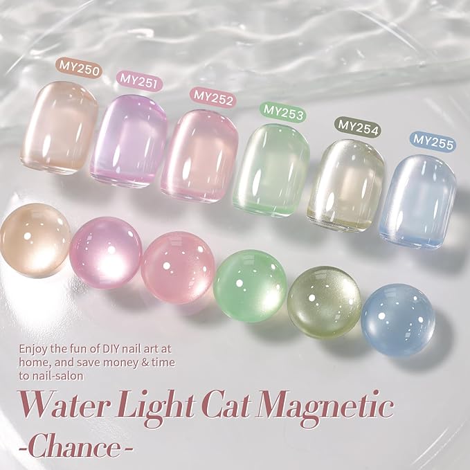 Born Pretty Pastel Magnetic Gel Nail Polish,Water Light Cat Magnetic Eye Gel Jelly Glass Crystal Nail Polish Glitter Shimmer Auroras Magnetic Gel Nail Art Manicure Kit 6PCS-Velvo Beauty