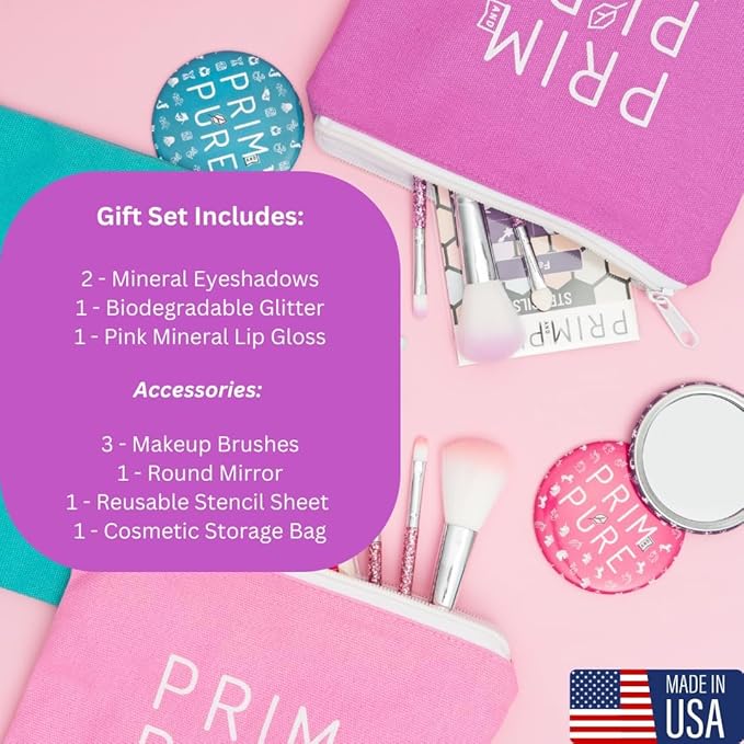 Prim and Pure Kids Makeup Gift Set - Stencil, Makeup Eyeshadow Bioglitter Lip Gloss and Cosmetic Bag Mirror Makeup Brush Accessories (Fairy Purple)-Velvo Beauty