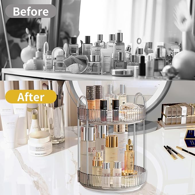 360 Rotating Makeup Organizer for Vanity,Bathroom Countertop Organizer,Spinning Perfume Organizer&Vanity Organizer(Grey-2 Tier)-Velvo Beauty