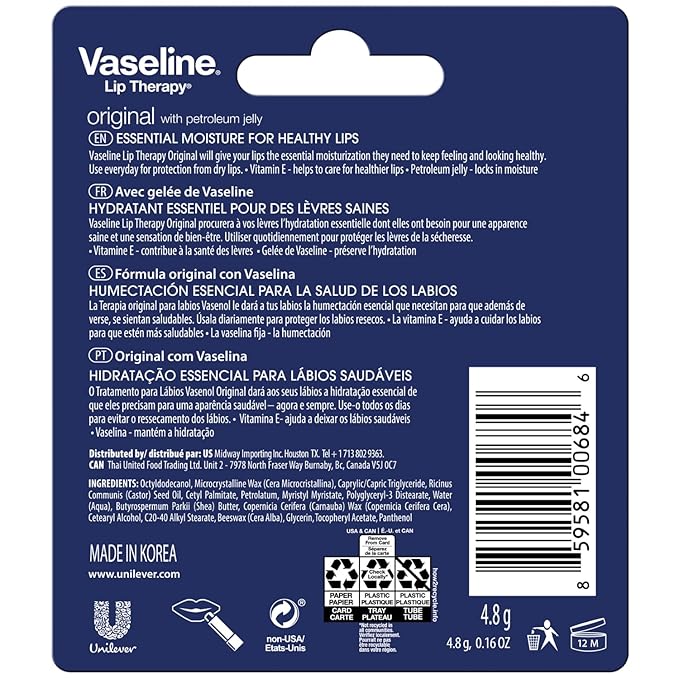 Vaseline Lip Therapy Original, Fast-Acting Lip Moisturizer For Very Dry Lips, Lip Balm Stick, 0.16 Oz Ea (Pack of 8)-Velvo Beauty