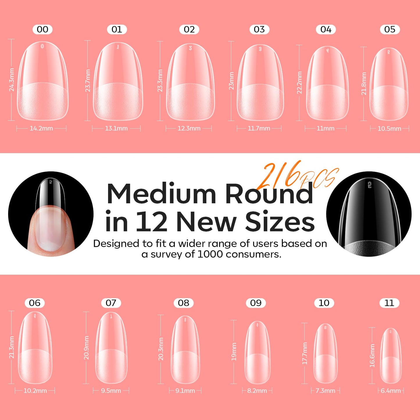 modelones Medium Oval Gel Nail Tips Kit, 9-in-One Nail Glue with Portable U V Lamp 216Pcs 12Sizes Pre-Etched Round Press ons Fake Acrylic Extension Kit DIY Salon Gift for Women-Velvo Beauty