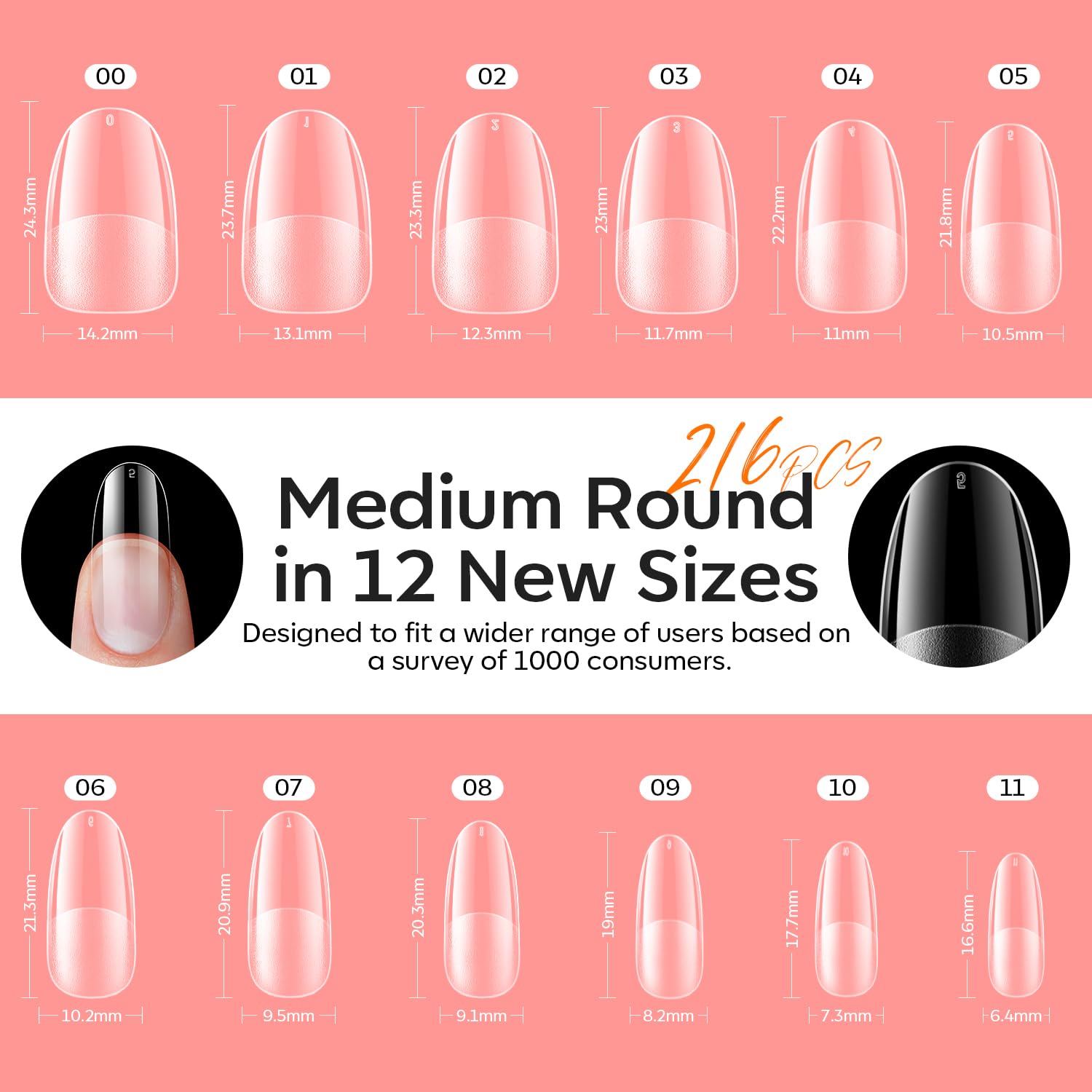 modelones Medium Oval Gel Nail Tips Kit, 9-in-One Nail Glue with Portable U V Lamp 216Pcs 12Sizes Pre-Etched Round Press ons Fake Acrylic Extension Kit DIY Salon Gift for Women-Velvo Beauty