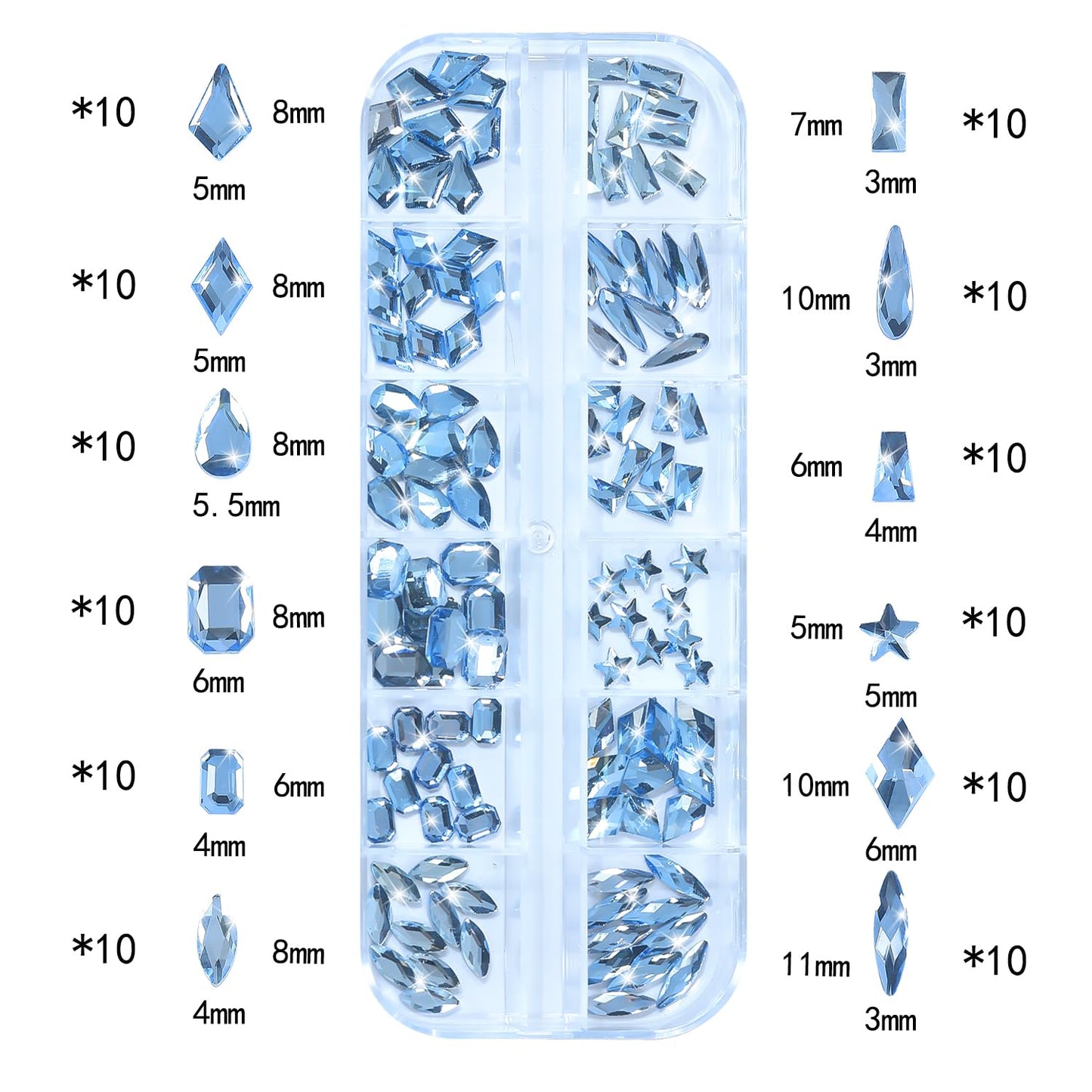 HNUIX Nail Rhinestones - 3D Multi Shape Size Crystal, Light Blue Nail Gems, Flat Back, with Kit, for Nail Art, DIY Decorations-Velvo Beauty