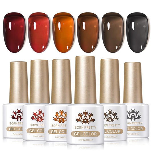 Born Pretty Jelly Gel Nail Polish Fall Winter Amber Crystal Brown Orange Burgundy Red Black Gel Polish Transparent Translucent Clear Nail Art Manicure DIY Home Salon 6PCS-Velvo Beauty
