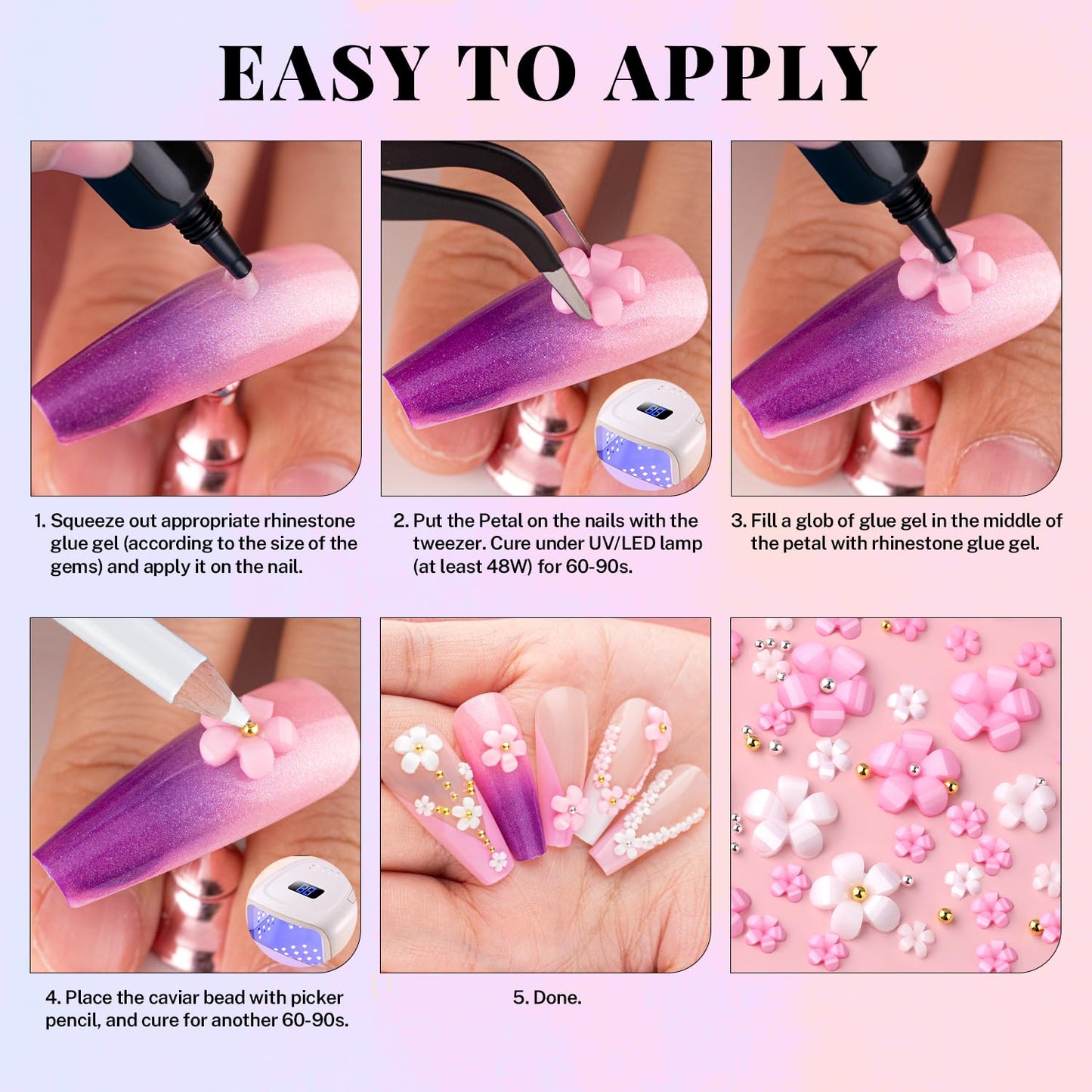 3D Flowers, Manicure Kit with Gel Glue, Colorful Acrylic Flower Nail Charms with Caviar Beads, Rhinestones + Gem Glue for Nails (UV/LED Needed) with Dotting & Pickup Tools-Velvo Beauty