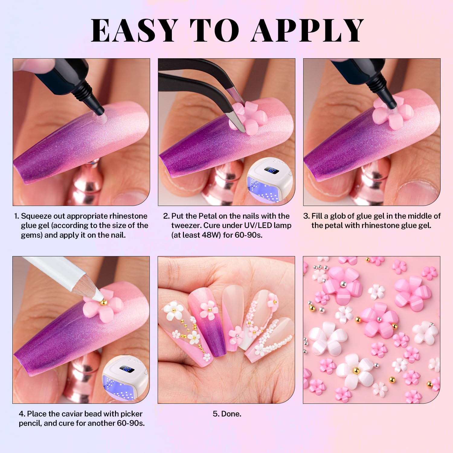 3D Flowers for Nails, Colorful Acrylic Flower Nail Charms with Caviar Beads, Rhinestones for Nails 3D Nail Charms for Acrylic Nails with Pickup & Dotting Tools for Manicure DIY Nail Art Decor-Velvo Beauty