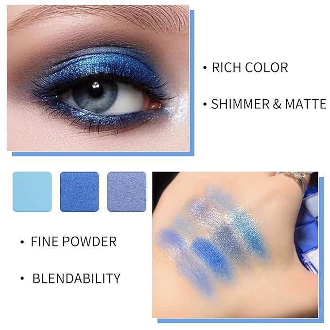 Erinde 9 Colors Dark Light Royal Cobalt Blue Pearl White Glitter Shimmer Eye Shadow Makeup Palette Highly Pigmented Waterproof Matte Glitter Shimmer Daily Party Sparkling Eyeshadow Palett for Girl-Velvo Beauty