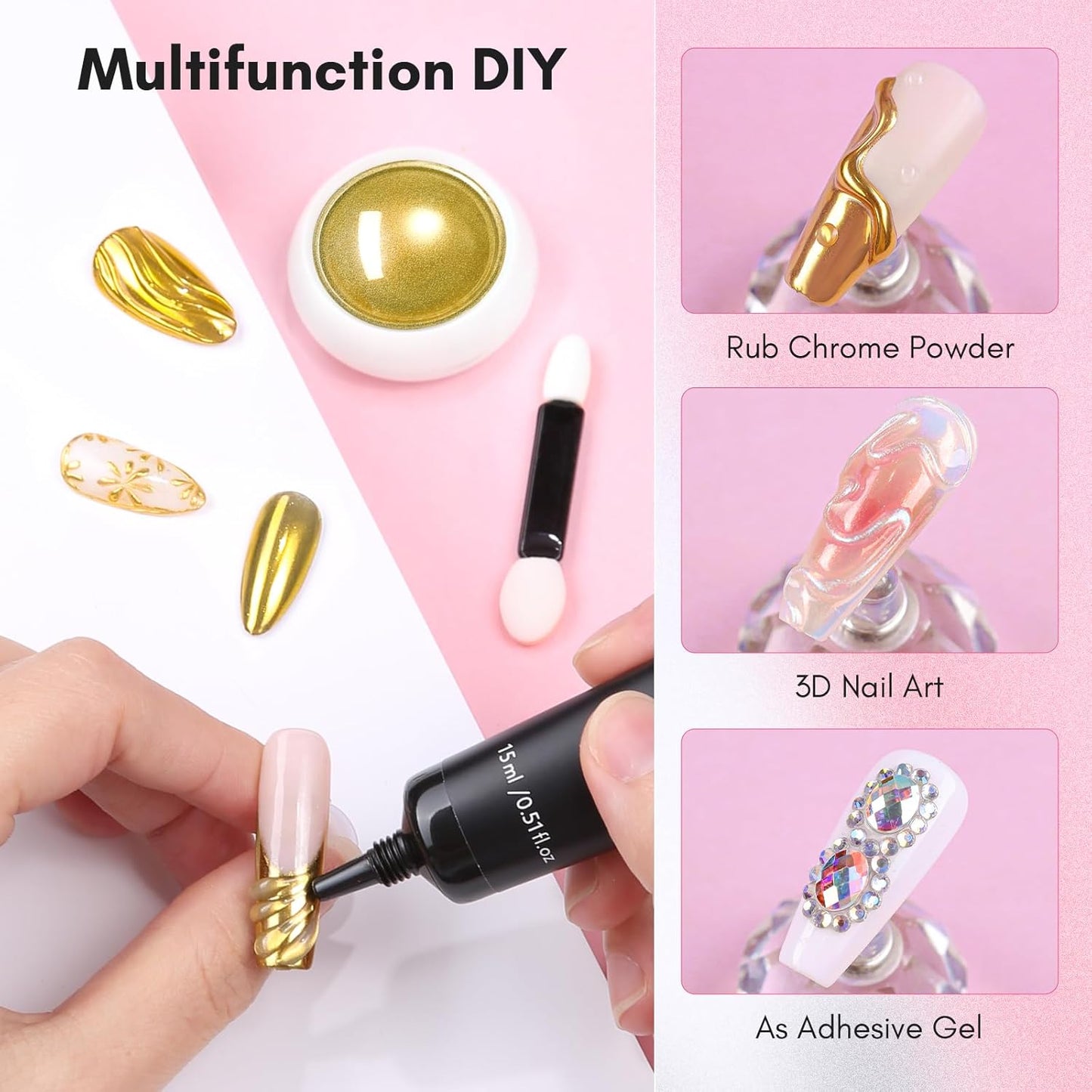 Makartt 3D Gel Nail Art with Gold Chrome Nail Powder Kit: Clear Molding Gel for Nail Art 15g Sculpting Glue Polish and Metallic Effect Mirror Powder Set for Nail Decoration Manicure Charms-Velvo Beauty