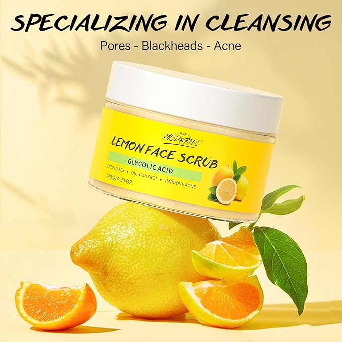 Lemon Face Scrub with Glycolic Acid Microdermabrasion Facial Scrub AHA Exfoliating for Women Men Safe Vegan Improves Acne Blackheads Soft Soothing without Irritation-Velvo Beauty