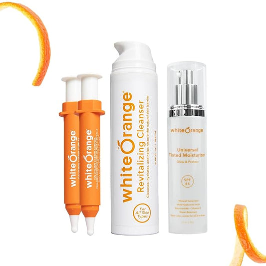 White Orange Full System 3 Step Skincare Routine Premium Anti-Aging Regimen Bundle For Healthy Glowing Skin - Revitalizing Cleanser, Advanced Vitamin C Serum & Universal Tinted Moisturizer with SPF 44-Velvo Beauty