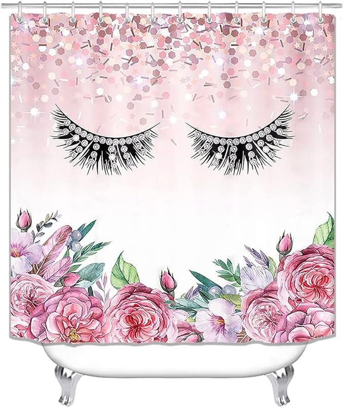 4PCS Diamond Eyelash Shower Curtain Set, Rustic Flower Botanical Bouquet Confetti Girly Makeup Fashion Bathroom Decor Waterproof Fabric Shower Curtain Non-Slip Bath Mat Toilet Rug, Pink Floral-Velvo Beauty