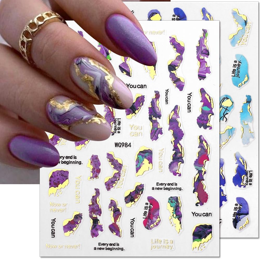 3D Marble Nail Stickers - 6 Color Marble Decals, Blooming Nail Art, Bronzing & Watercolor Smudge Resistant, Self-Adhesive Gold Foil Designs-Velvo Beauty