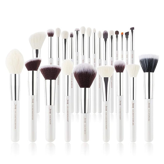 Jessup Brand 25pcs Professional Makeup Brush Set Beauty Cosmetic Foundation Powder Blusher Eyeshadow Blending Highlight Concealer Natural-Synthetic Hair Brushes Set (Pearl White/Silver)-Velvo Beauty