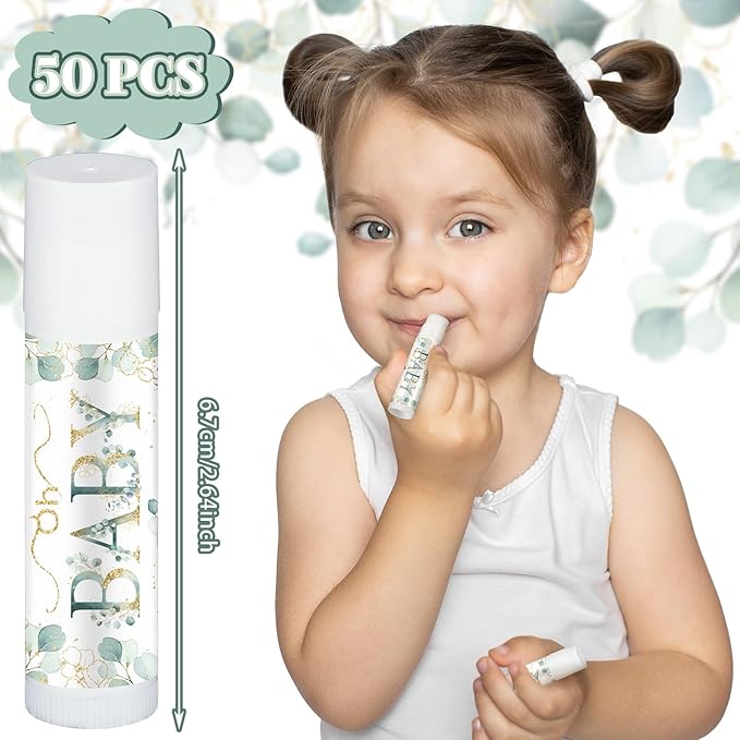 50 Pack Sage Green Baby Shower Lip Balm Party Supplies Bulk for Girls Guests Boys Neutral Baby Shower Gifts Gender Reveal Favors Prizes Souvenirs Winners Thank You Appreciation Gifts-Velvo Beauty