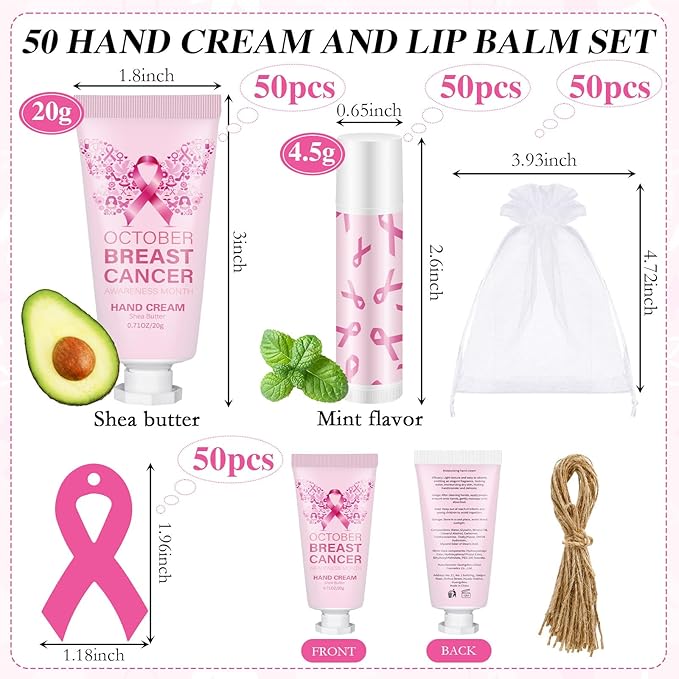 50 Set Breast Cancer Awareness Gifts Bulk Woman Pink Ribbon Lip Balm Hand Cream Include 50 Lip Balm 50 Hand Cream 50 Bag 50 Tag Breast Cancer Awareness Month Items Survivors Offices-Velvo Beauty