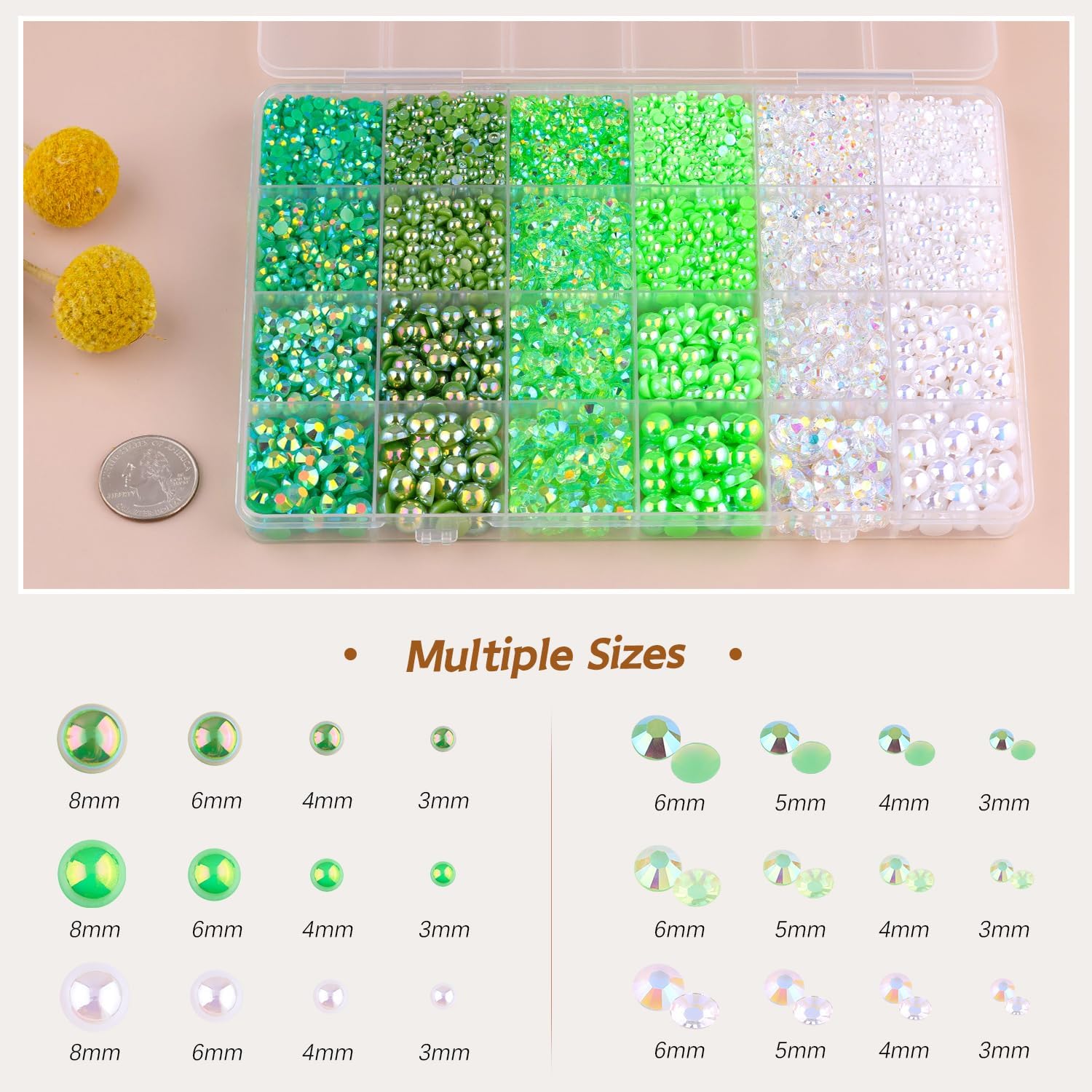9000PCS Flatback Pearls and Rhinestones for Crafting, Green 3-10mm Resin Rhinestones and Half Pearls for Bedazzling, Nail Art and Dec with 3pcs B7000 Jewelry Glue, Tweezer and Pickup Pencil-Velvo Beauty