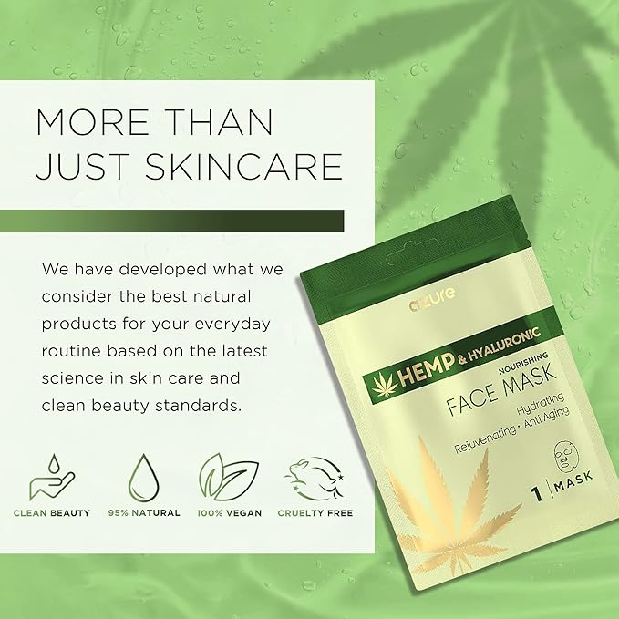Azure Cosmetics Hemp Oil & Hyaluronic Acid Nourishing Facial Sheet - Anti Aging, Rejuvenating & Deeply Hydrating Mask - Reduces Fine Lines & Wrinkles, Locks in Moisture - Korean Skin Care - Pack of 5-Velvo Beauty