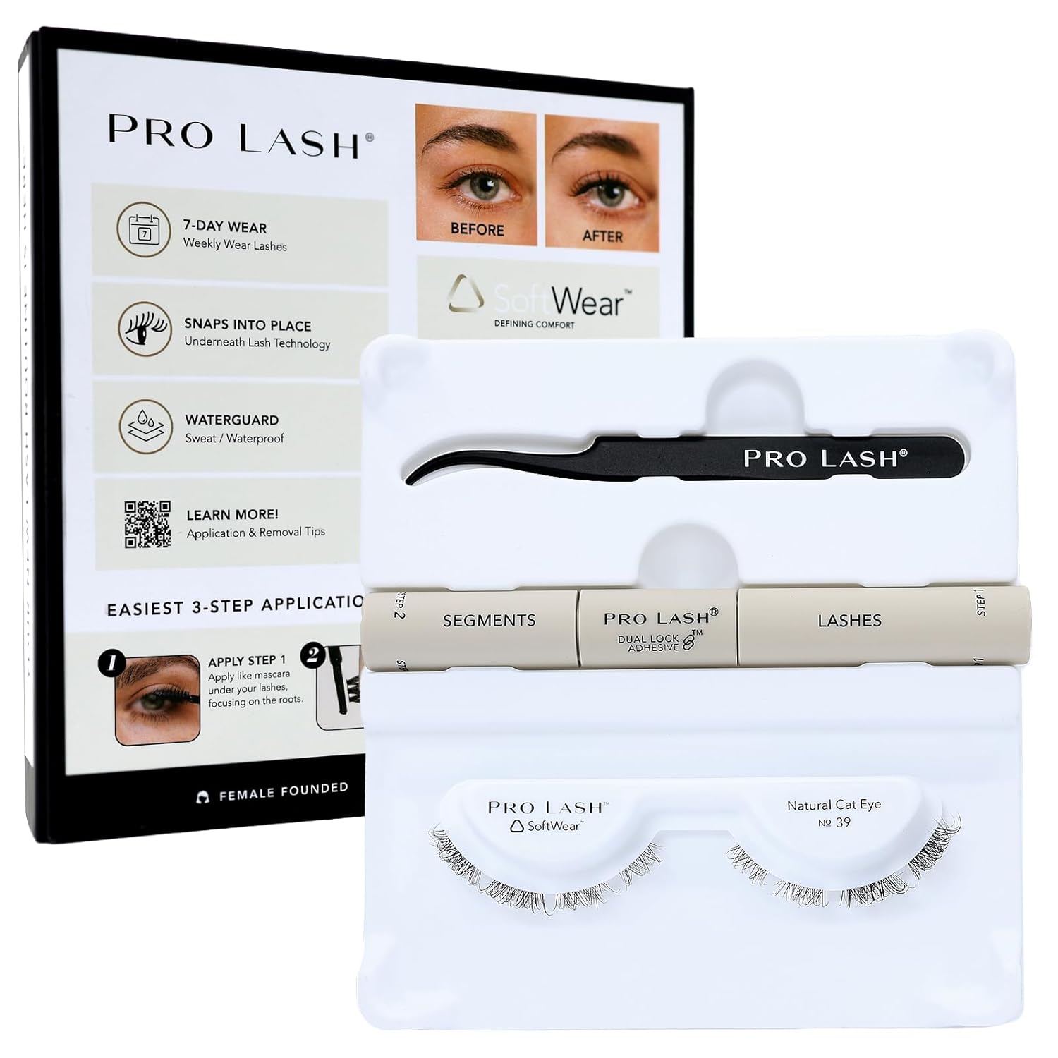 Pro Lash SoftWear Clean Girl Mini Lash Clusters Kit - Natural-Looking, Lightweight Lashes - 7-Day Cluster Eyelash Extensions - False Eyelashes Plus Adhesive and Tweezers - Cat Eye No. 39-Velvo Beauty