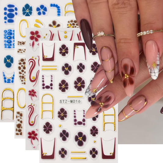 4Pcs Flower Nail Stickers for Nail Art - French Nail Art Stickers Autumn Winter Wine Red Brown Blue Floral Leopard Print Pattern 3D Self-Adhesive Nails Sliders Flowers Sticker for Nails Decoration-Velvo Beauty