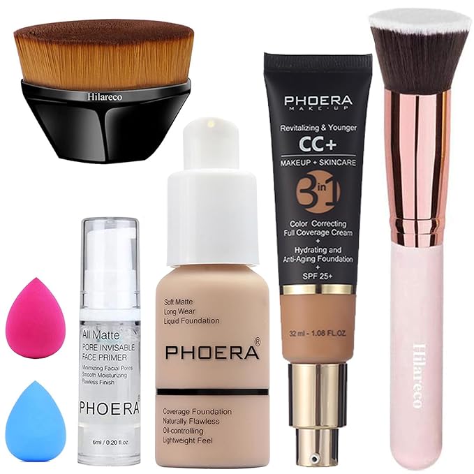 PHOERA Foundation,PHOERA CC Cream Foundation Color Correcting Anti Aging Hydrating Serum &SPF 25+,PHOERA Primer, PHOERA Makeup Foundation, Makeup Brushes (102 Nude+140 Buff Beige CC Cream)-Velvo Beauty