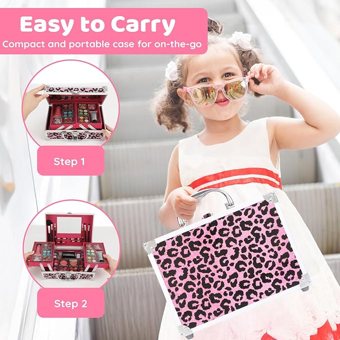 Anpro All-In-One Leopord Double Folding Makeup Carry Case with Pro Teen Makeup Set, Full Starter Kit with Makeup Brushes, Lipsticks, Eyeshadow Palette, Blushes, Glitter Gel, Ideal Present for Girls-Velvo Beauty