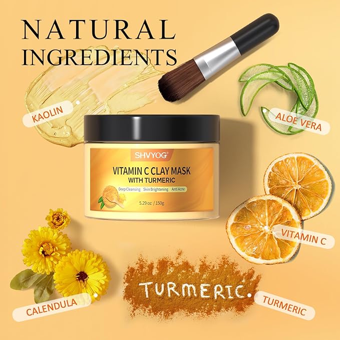 Vitamin C Face Mask with Kaolin Clay and Turmeric for Dark Spots, Dull Skin, Skincare Facial Mask for Controlling Oil and Refining Pores 5.29 Oz-Velvo Beauty