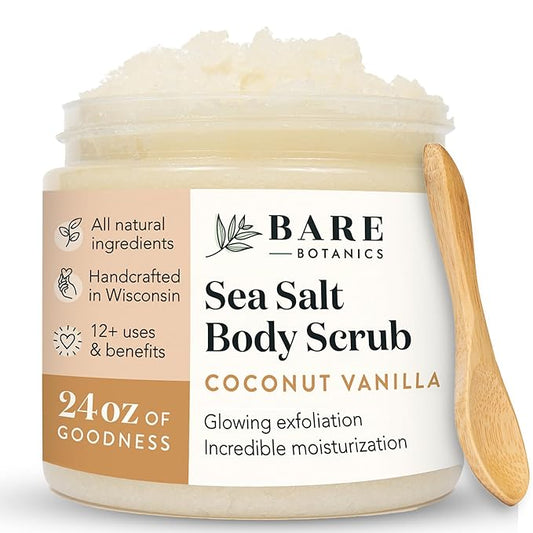 Bare Botanics Coconut Vanilla Body Scrub 24oz | Made in Madison, WI | All Natural Sea Salt Exfoliator w/ Skin Loving Moisturizers | Vegan & Cruelty Free | Gift Ready Packaging w/ a Cute Wooden Spoon-Velvo Beauty