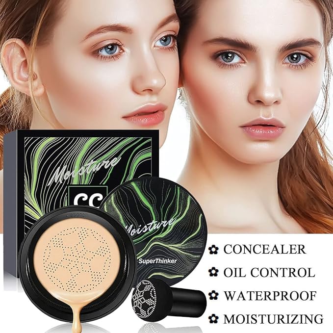 Air Cushion CC Cream Mushroom Head Cushion Foundation, BB Cream Face Makeup for Mature Skin Moisturizing Concealer Brighten Long-Lasting, Even Skin Tone for All Skin Types (Nude)-Velvo Beauty